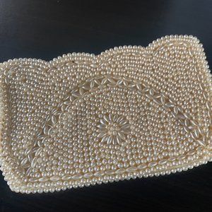 Vintage 40s Mid Century Handbag Ivory Floral Pearl Beaded Evening Clutch Boho